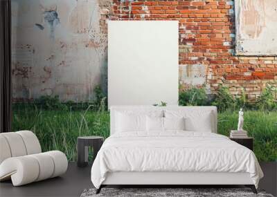 Empty white poster displayed on a vibrant green lawn against a backdrop of a brick wall with ample copy space image Wall mural