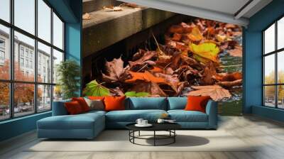 Fallen leaves cover the ground near a clogged drain on a city street, obstructing rainwater flow. with copy space image. Place for adding text or design Wall mural