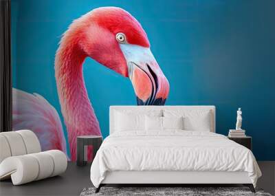 Flamingo with black beak in front of blue backdrop Wall mural