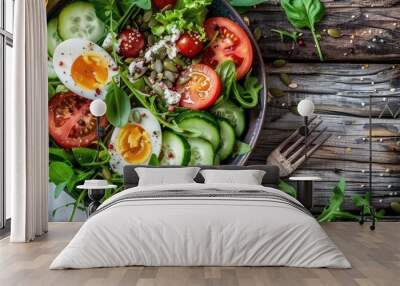 Fresh salad featuring tomatoes green leaves cucumber quail eggs and seeds accompanied by a salad spoon and fork with a napkin on a grey wooden table. with copy space image Wall mural