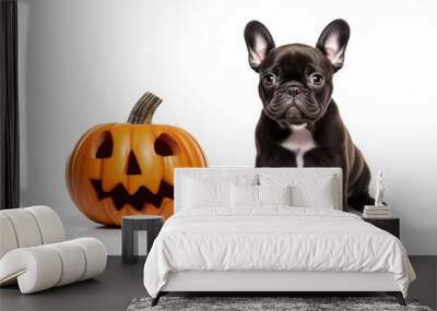 Frightened French bulldog next to a pumpkin isolated on white background Wall mural