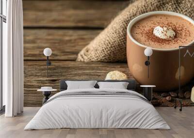 Good morning with hot chocolate on a wooden table. with copy space image. Place for adding text or design Wall mural