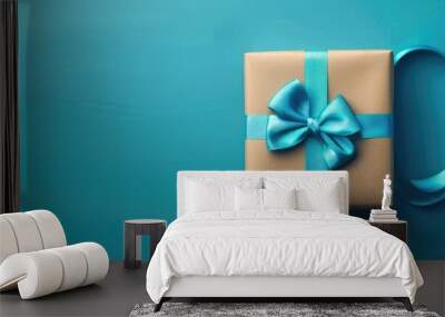 Greeting card for Father s Day or Birthday Gift box with blank white paper set against a blue background. with copy space image. Place for adding text or design Wall mural