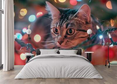 Happy New Year, Christmas holidays and celebration. Christmas cat. Portrait cat playing with Christmas lights garland. with copy space image. Place for adding text or design Wall mural