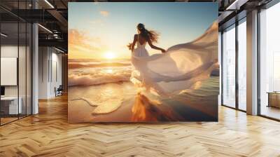 Happy young bride running on clean sandy beach enjoying azure sea waves at sunset for a summer vacation Symbolizes wedding rest relax and honeymoon Wall mural