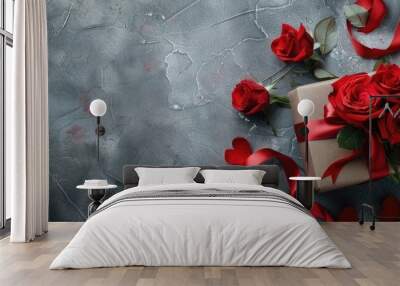 Holiday background for Valentine s Day featuring a bouquet of red roses tied with a red ribbon alongside a wrapped gift box set on a gray stone table Copy space top view Wall mural