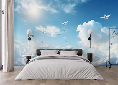 Horizontal composition of flying doves with a blue sky clouds and a cross s glare Wall mural