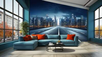 Illuminated city at night with a modern road ahead Wall mural