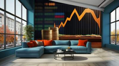 Illustration of Indian rupee icon with graphs representing business growth and stock market data in a 3D rendering Wall mural