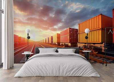 Intermodal containers transported on train car for rail freight shipping logistics facilitating import export of goods from China Wall mural