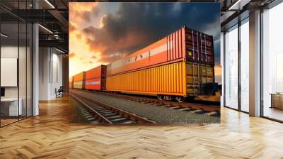 Intermodal containers transported on train car for rail freight shipping logistics facilitating import export of goods from China Wall mural