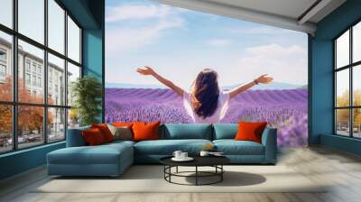 lavender field in france a free woman enjoying nature with open arms in a white dress copy space ima Wall mural