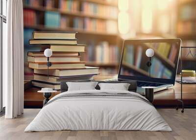 Library desk with books and laptop representing education technology and e learning Wall mural