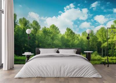 Lush green forest with clear blue sky overhead, creating a serene natural setting with a vast copy space image. Wall mural