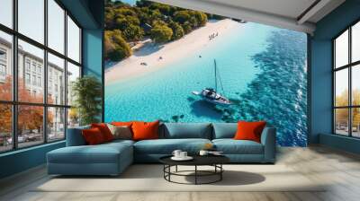 Luxury island landscape in Maldives Sail boat blue sea water horizon reef water villas Tropical beach amazing aerial seascape view from drone Beautiful nature people snorkel excursion recreatio Wall mural