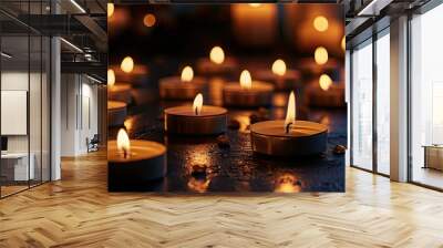 Many candle flames glowing in the dark create a spiritual atmosphere. with copy space image. Place for adding text or design Wall mural