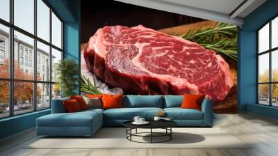 Marbled raw Ribeye steak with herbs and spices on cutting board Wall mural