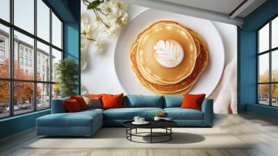 Maslenitsa concept Flat lay featuring pancakes and a cup of cappuccino on a white table Top view. with copy space image. Place for adding text or design Wall mural