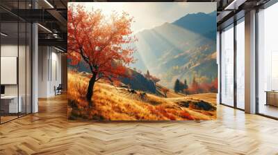 Minimalistic colorful mountain landscape with a diagonally hillside in golden sunlight in autumn in pastel colors Mountain plateau with a dwarf birch of the red color of the sunlit mountainside Wall mural