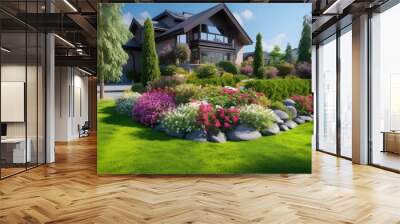 Modern garden care service with a beautiful yard featuring multicolored shrubs and bright green lawns Wall mural