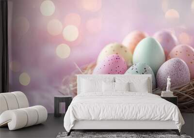 Multicolored eggs on a white backdrop adorned with sparkles Easter holiday theme. with copy space image. Place for adding text or design Wall mural