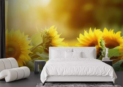 Multiple big sunflowers with vibrant yellow petals and facing the late summer sunlight, with a background ideal for inserting text or other elements, known as a copy space image. Wall mural