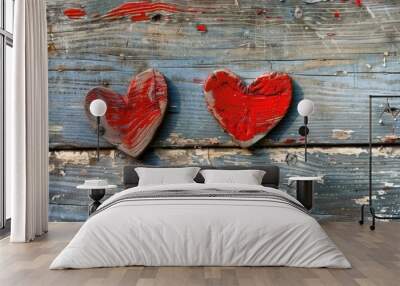 Old painted wooden boards with two red hearts cut from soft material, suitable for a copy space image. Wall mural