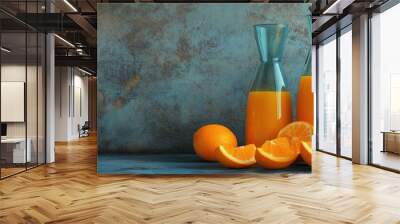 orange juice in a glass and a bottle along with orange segments set against a brown blue concrete background with copyspace Wall mural