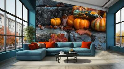 Orange pumpkin and gourds accompanied by hazelnuts and autumn leaves as seasonal decor on a stone step with copy space Wall mural