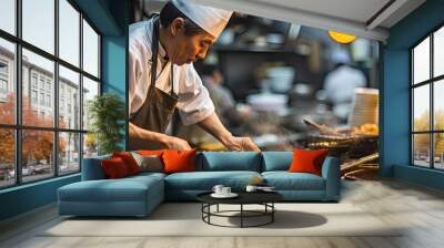 picture of an unrecognizable chef at a street kitchen in the fish market in Tokyo prepares bowls of food. with copy space image. Place for adding text or design Wall mural