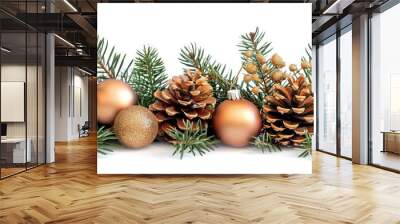 Pine branches and a Christmas ornament isolated on a white background. with copy space image. Place for adding text or design Wall mural