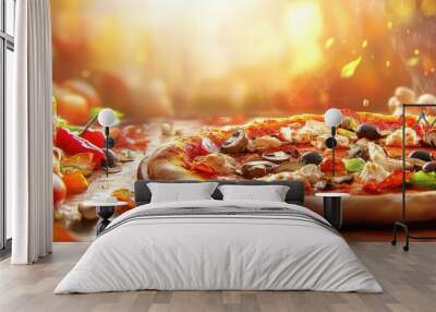 pizza mushrooms olives chicken tomato sauce cheese pizza toppings hot pizza food backdrop copyspace Wall mural