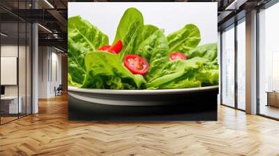 Plate with crisp lettuce leaves and juicy red tomatoes resting on a table. with copy space image. Place for adding text or design Wall mural