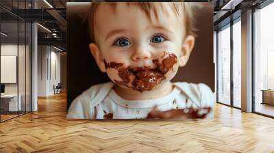 Portrait of a cute toddler enjoying chocolate in a dining chair with a chocolate covered face Charming baby boy having chocolate for the first time. with copy space image Wall mural