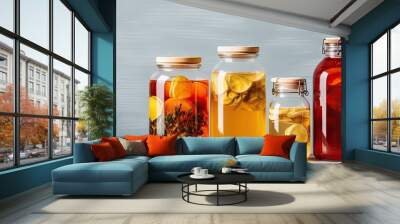 Probiotic flavored kombucha tea in a glass jar with copy space Wall mural