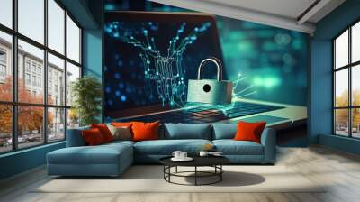 Protecting internet data through a secure system ensuring laptop safety by developing reliable online protection as indicated by a laptop and padlock symbolizing network hacking protection Wall mural