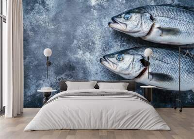 Raw sea bass fish Preparing fresh sea bass. with copy space image. Place for adding text or design Wall mural