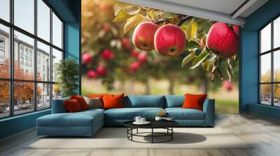 Red apples hanging from tree branches in a sunny orchard, showcasing the natural beauty of ripe fruits. with copy space image. Place for adding text or design Wall mural