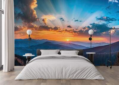 Red flaming sunset in the mountains above the clouds Copy space The idea of travel relaxation an active lifestyle and a healthy existence in harmony with nature Wall mural