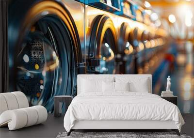 Row of modern washing machines in dry-cleaning, closeup. Copy space image. Place for adding text or design Wall mural