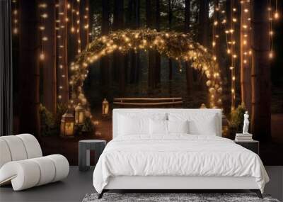 Rustic forest wedding with light bulb lit arch and guest seating Wall mural