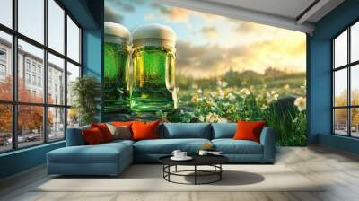 saint patrick s day beers in the meadow on a lovely day. with copy space image. place for adding tex Wall mural