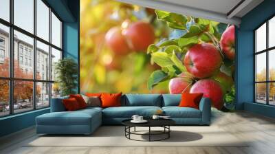 Shiny delicious apples hanging from a tree branch in an apple orchard. with copy space image. Place for adding text or design Wall mural