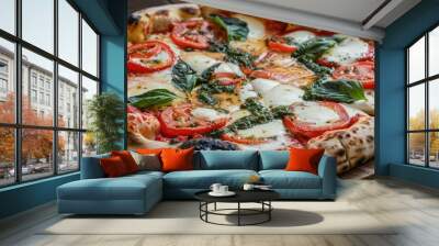 Sliced Margherita Italian pizza featuring melted mozzarella cheese tomatoes and fresh basil on a rustic wooden table Top view with copyspace Wall mural