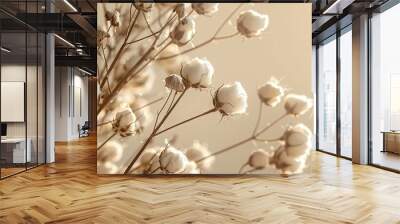 Soft dried cotton flowers on a brown background. with copy space image. Place for adding text or design Wall mural