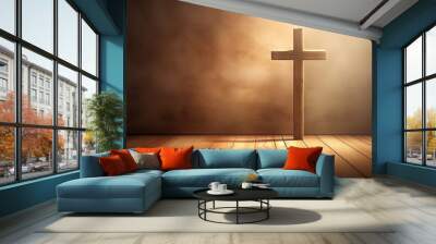 Softly lit background with a wooden Christian cross Space for text Wall mural