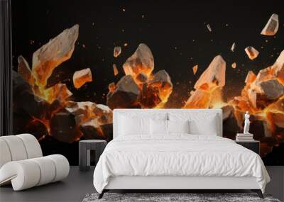 Split debris of stone exploding with orange dust against black background. Copyspace image. Header for website template Wall mural