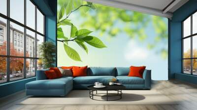 Spring landscape with soft lighting showcasing green leaves and blue sky Wall mural