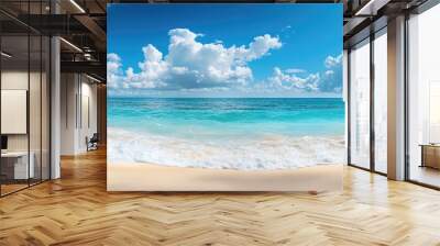 Stunning beach featuring white sand turquoise ocean water and a blue sky on a sunny day Panoramic view backdrop for a summer vacation template with copyspace Wall mural