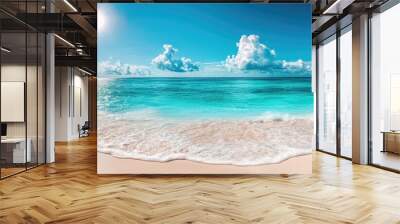 Stunning beach featuring white sand turquoise ocean water and a blue sky on a sunny day Panoramic view backdrop for a summer vacation template with copyspace Wall mural